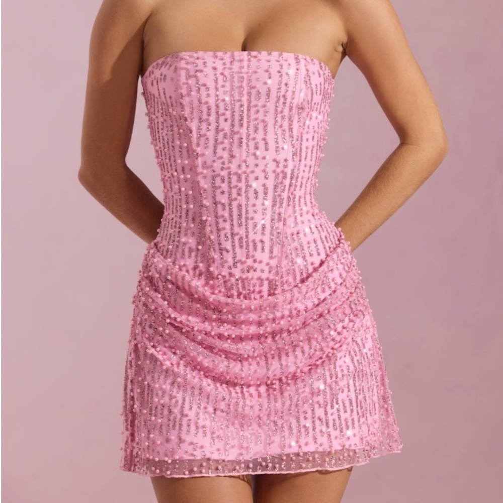Oh Polly Ziya Embellished Draped Strapless A-line Mini Dress Pink NWT